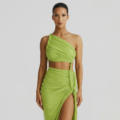 One Shoulder Ruched Maxi Dress – Cutout Waist Rope-Detail Jersey