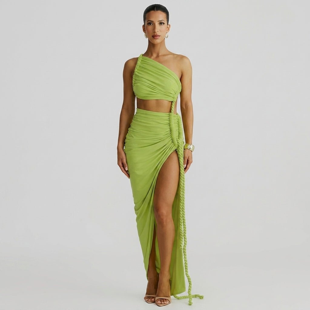 One Shoulder Ruched Maxi Dress – Cutout Waist Rope-Detail Jersey