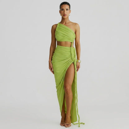 One Shoulder Ruched Maxi Dress – Cutout Waist Rope-Detail Jersey