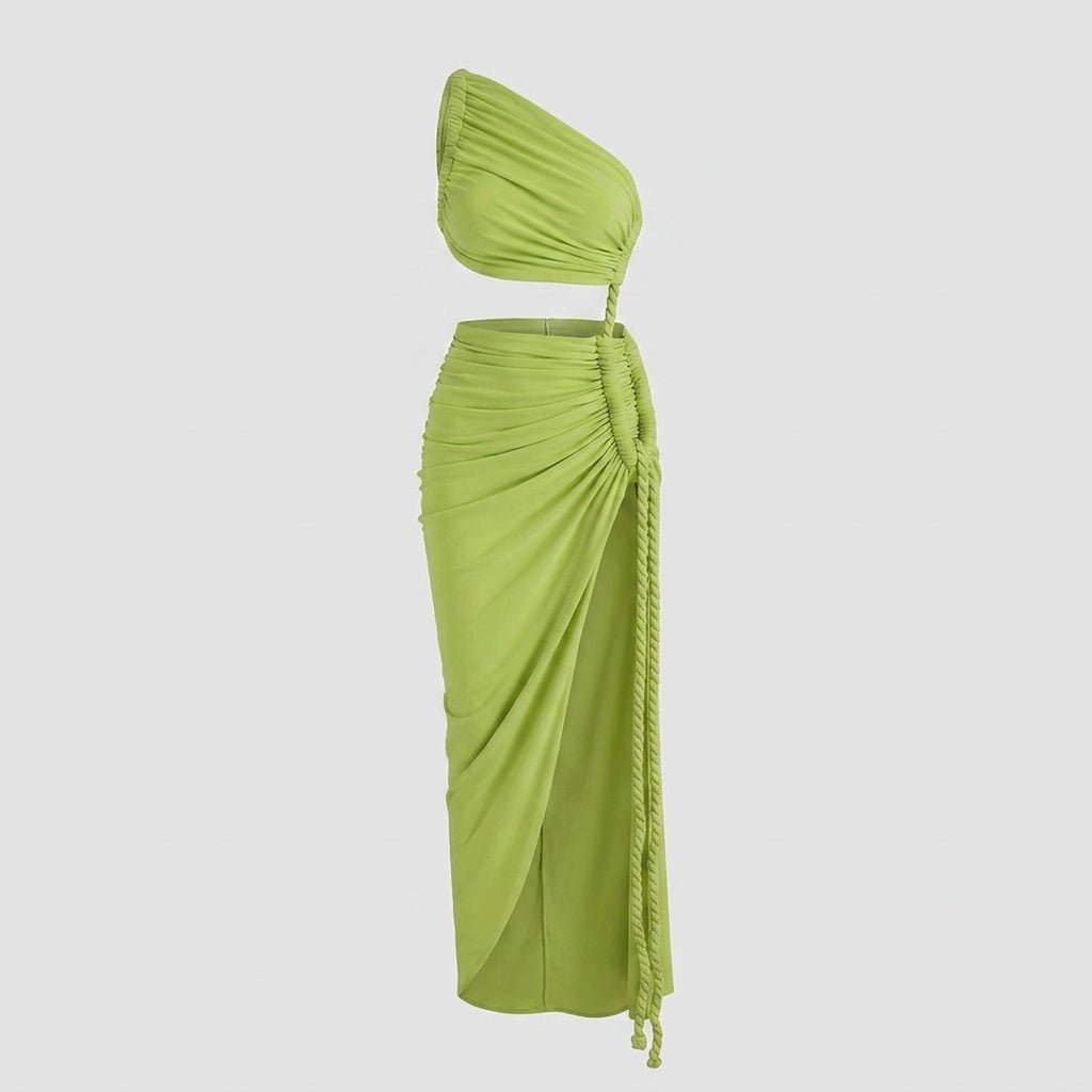 One Shoulder Ruched Maxi Dress – Cutout Waist Rope-Detail Jersey