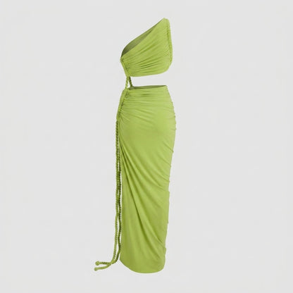 One Shoulder Ruched Maxi Dress – Cutout Waist Rope-Detail Jersey