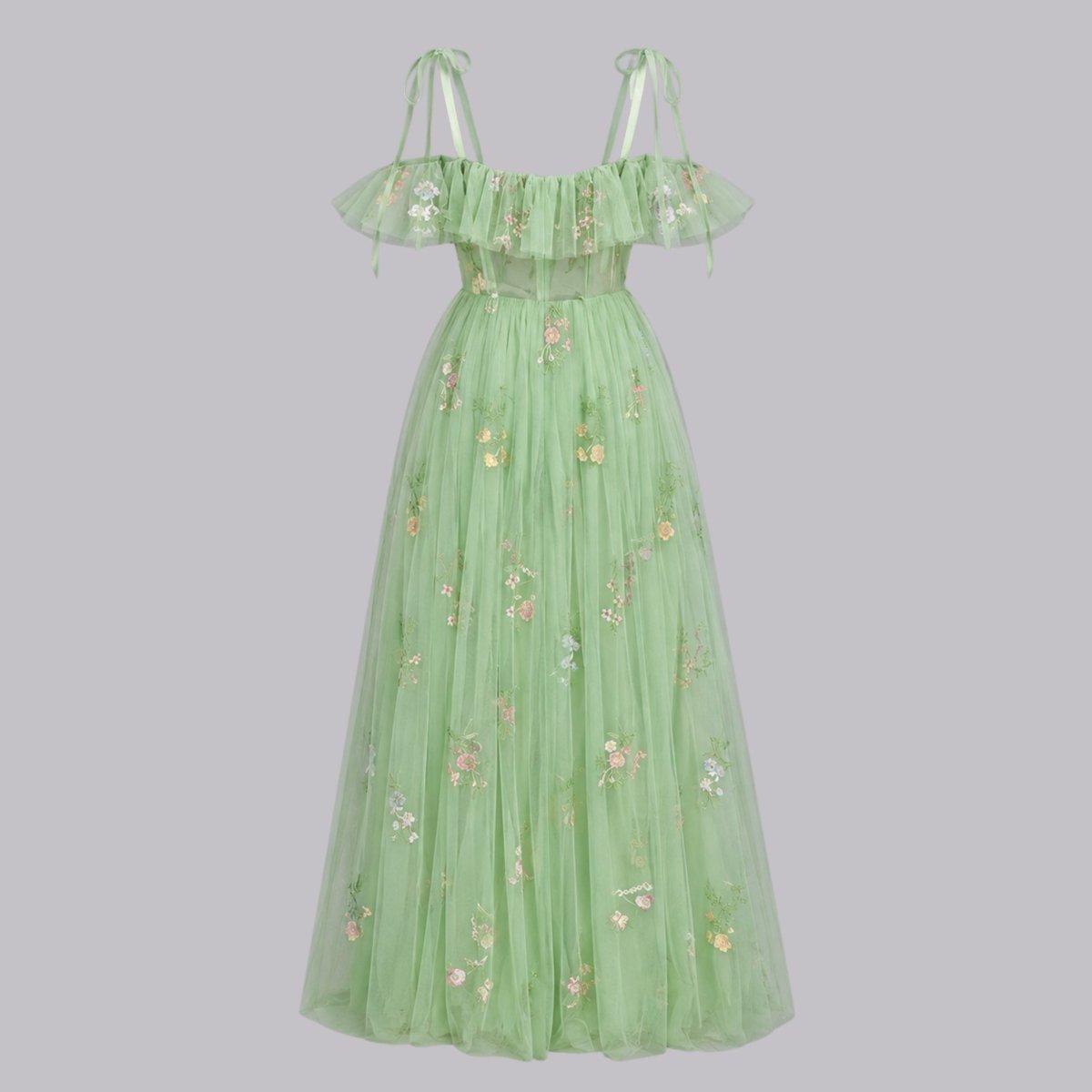 Floral Embroidered Tulle Maxi Dress – Corset Bodice A-Line Prom Gown