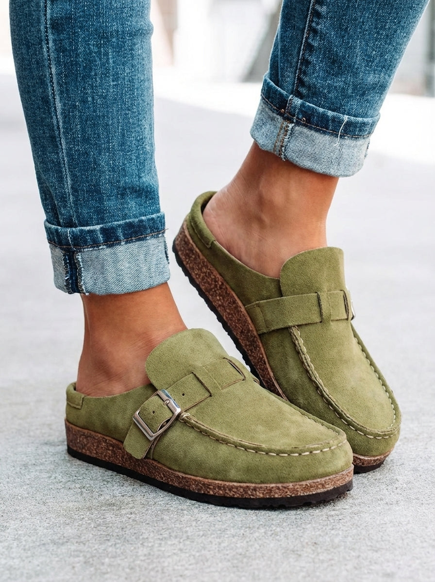 Women's Flat Buckle Mules – Faux Suede Slip-On Clogs with Cork Sole