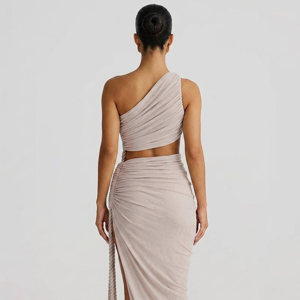 One Shoulder Ruched Maxi Dress – Cutout Waist Rope-Detail Jersey