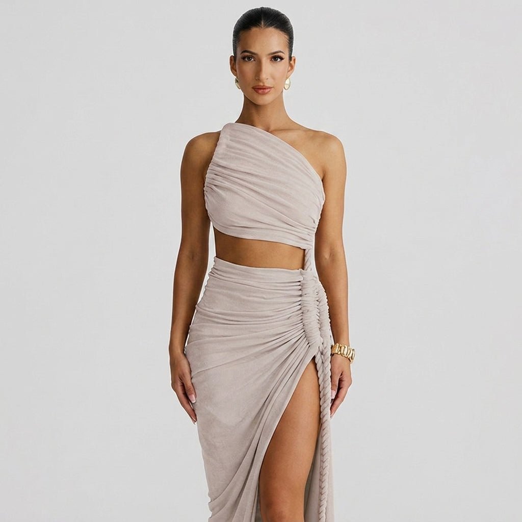 One Shoulder Ruched Maxi Dress – Cutout Waist Rope-Detail Jersey