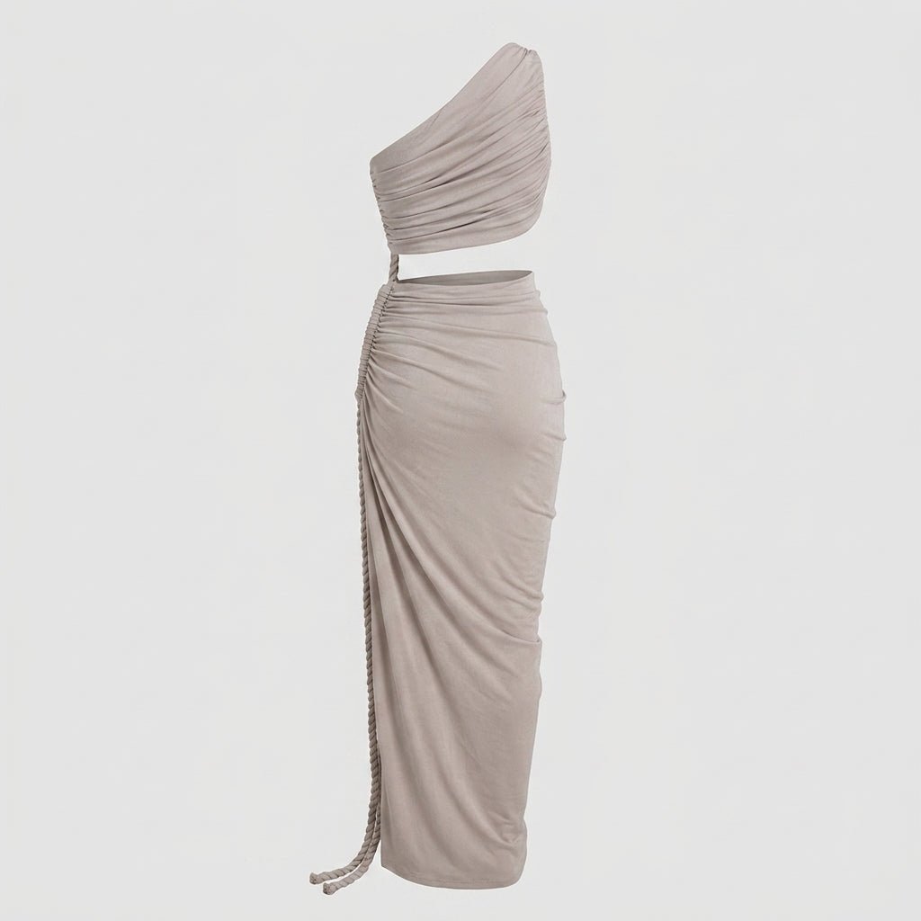 One Shoulder Ruched Maxi Dress – Cutout Waist Rope-Detail Jersey