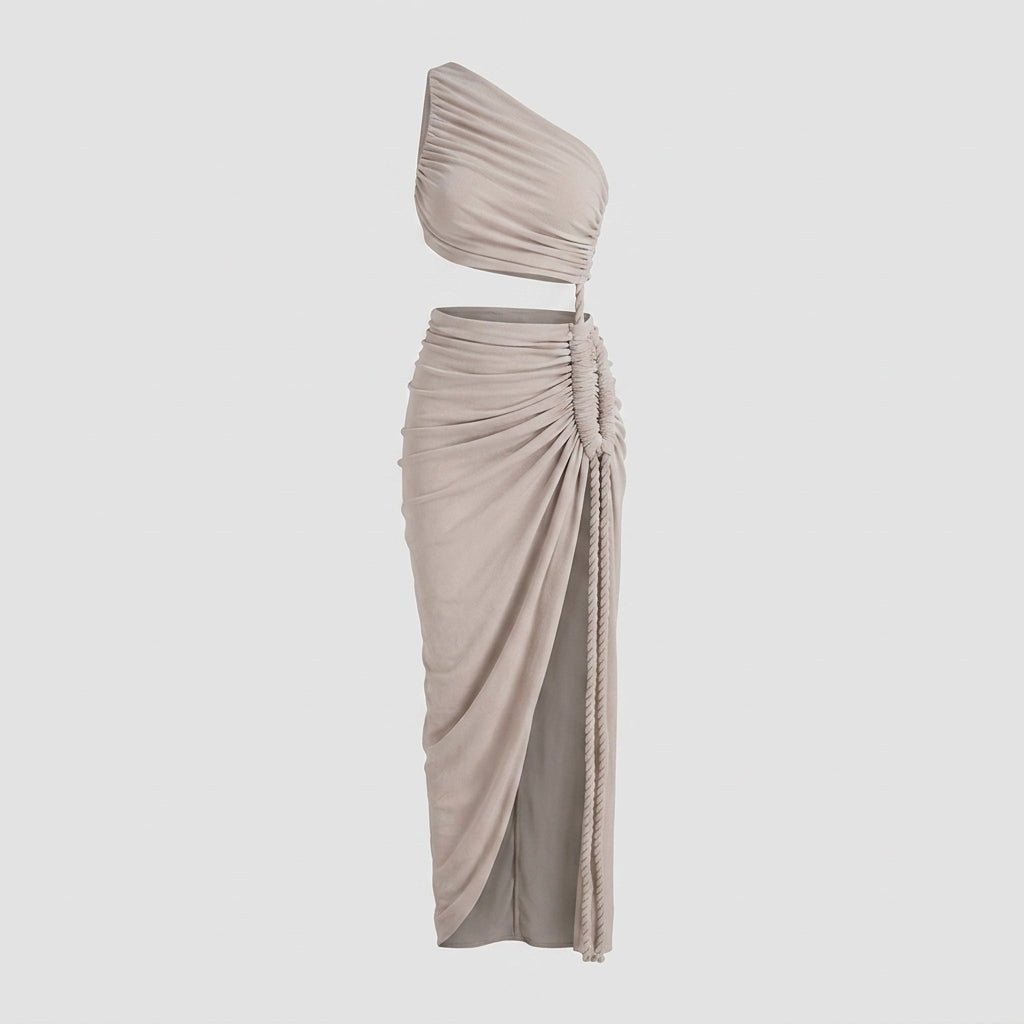 One Shoulder Ruched Maxi Dress – Cutout Waist Rope-Detail Jersey