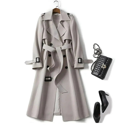 Double Breasted Long Trench Coat – Belted Lapel Coat for Women