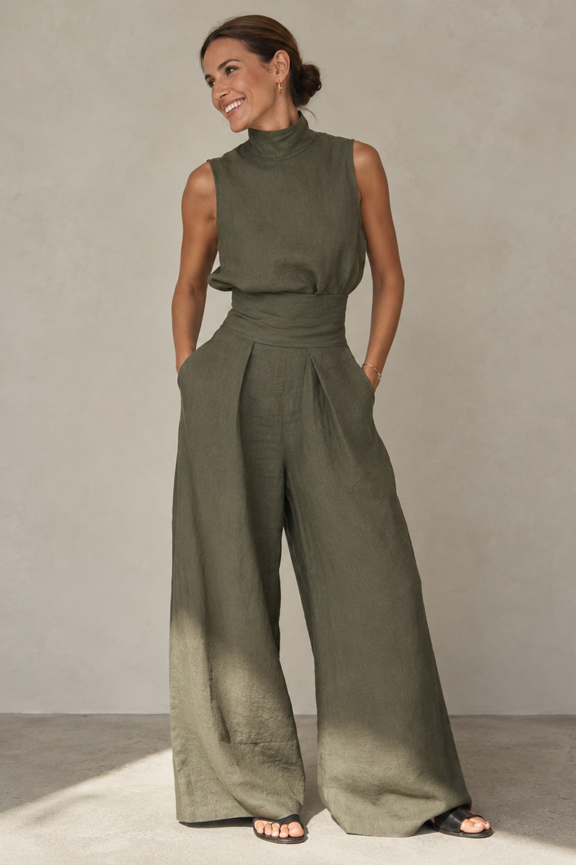 Wide-Leg Two-Piece Set – Sleeveless Mock Neck Top Pleated Trousers