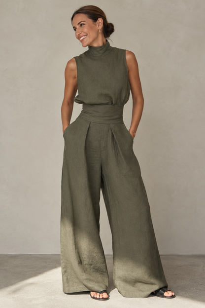 Wide-Leg Two-Piece Set – Sleeveless Mock Neck Top Pleated Trousers