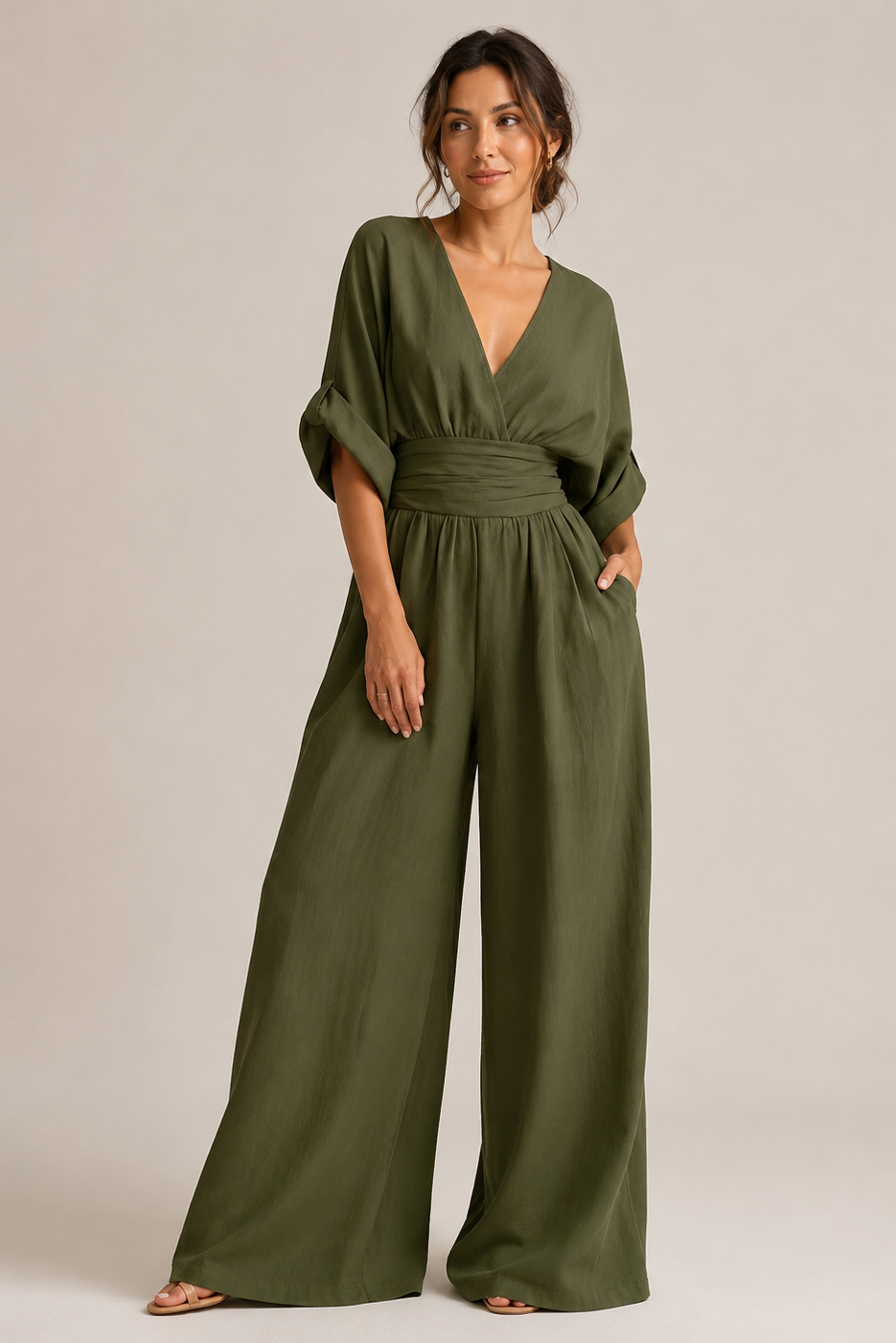 Wide-Leg Wrap Jumpsuit – V-Neck High-Waist Kimono Sleeve
