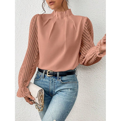 Pleated Mock Neck Blouse – Sheer Lace Sleeve Long Sleeve Top