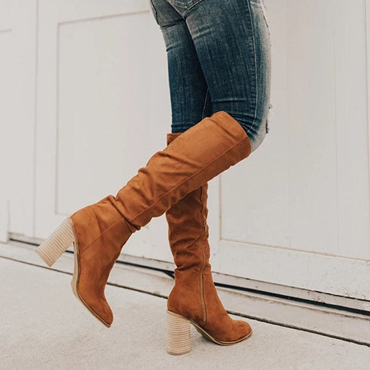 Suede Knee High Boots – Chunky Block Heel Slouch Side Zip