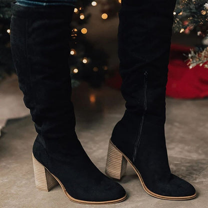 Suede Knee High Boots – Chunky Block Heel Slouch Side Zip