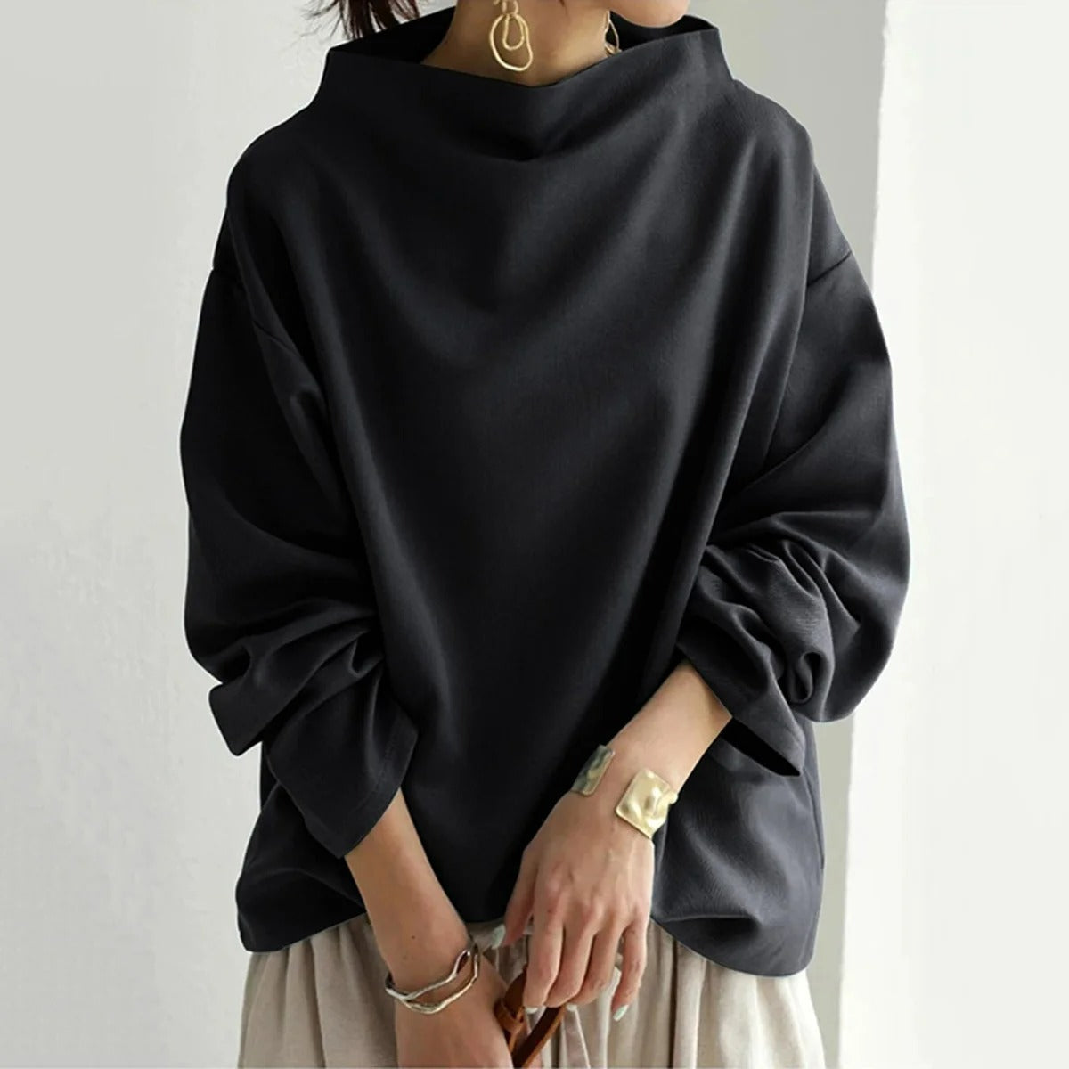 Oversized Mock Neck Pullover – Women's Long Sleeve Drop Shoulder Top