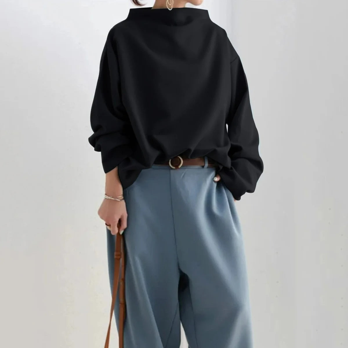 Oversized Mock Neck Pullover – Women's Long Sleeve Drop Shoulder Top