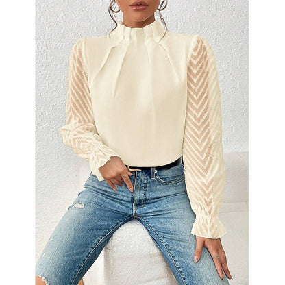 Pleated Mock Neck Blouse – Sheer Lace Sleeve Long Sleeve Top