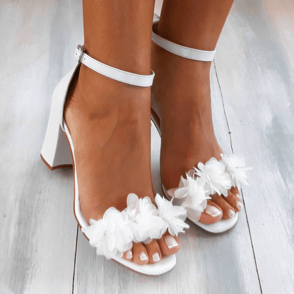 Floral Appliqué Block Heel Sandals – White Ankle Strap Bridal Heels