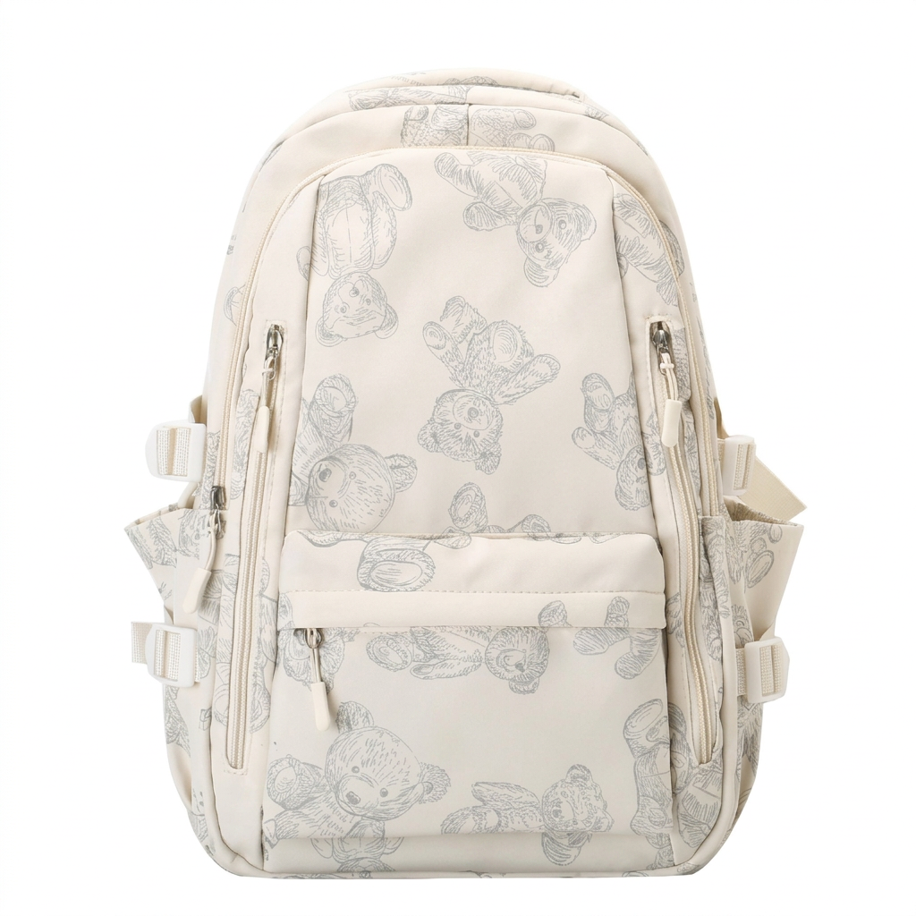 Teddy Bear Print Backpack – Cute Multi-Pocket School Bag