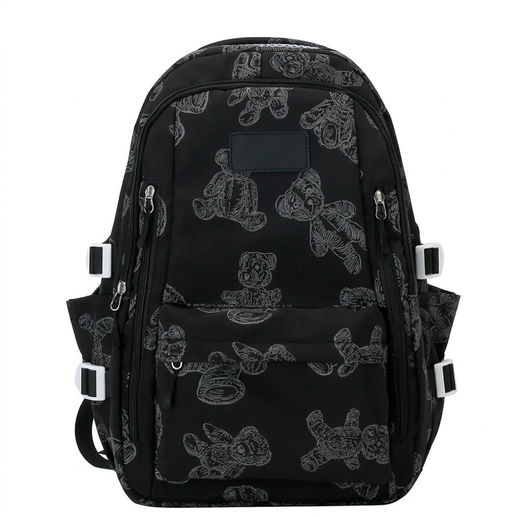 Teddy Bear Print Backpack – Cute Multi-Pocket School Bag