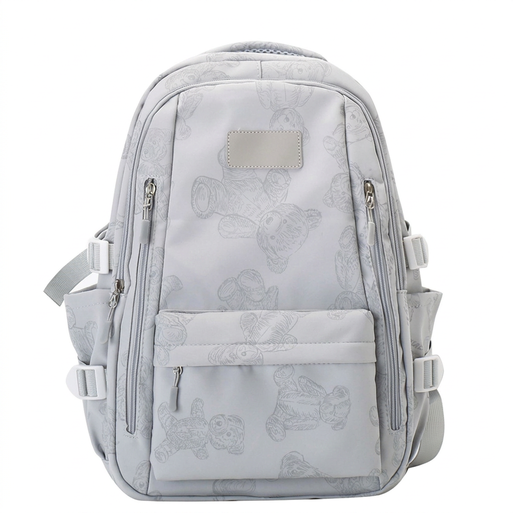 Teddy Bear Print Backpack – Cute Multi-Pocket School Bag