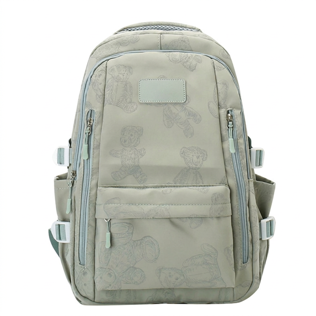 Teddy Bear Print Backpack – Cute Multi-Pocket School Bag
