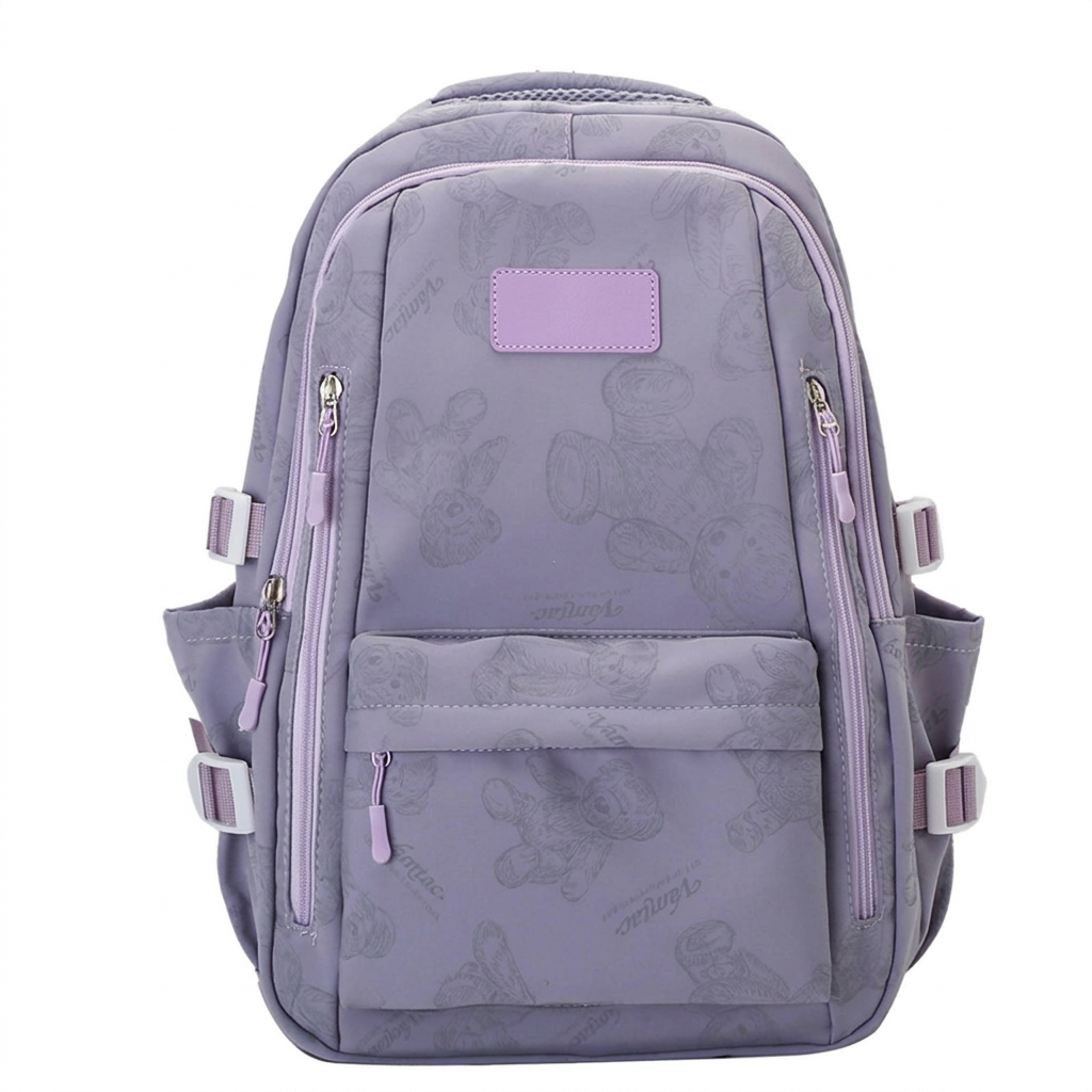 Teddy Bear Print Backpack – Cute Multi-Pocket School Bag