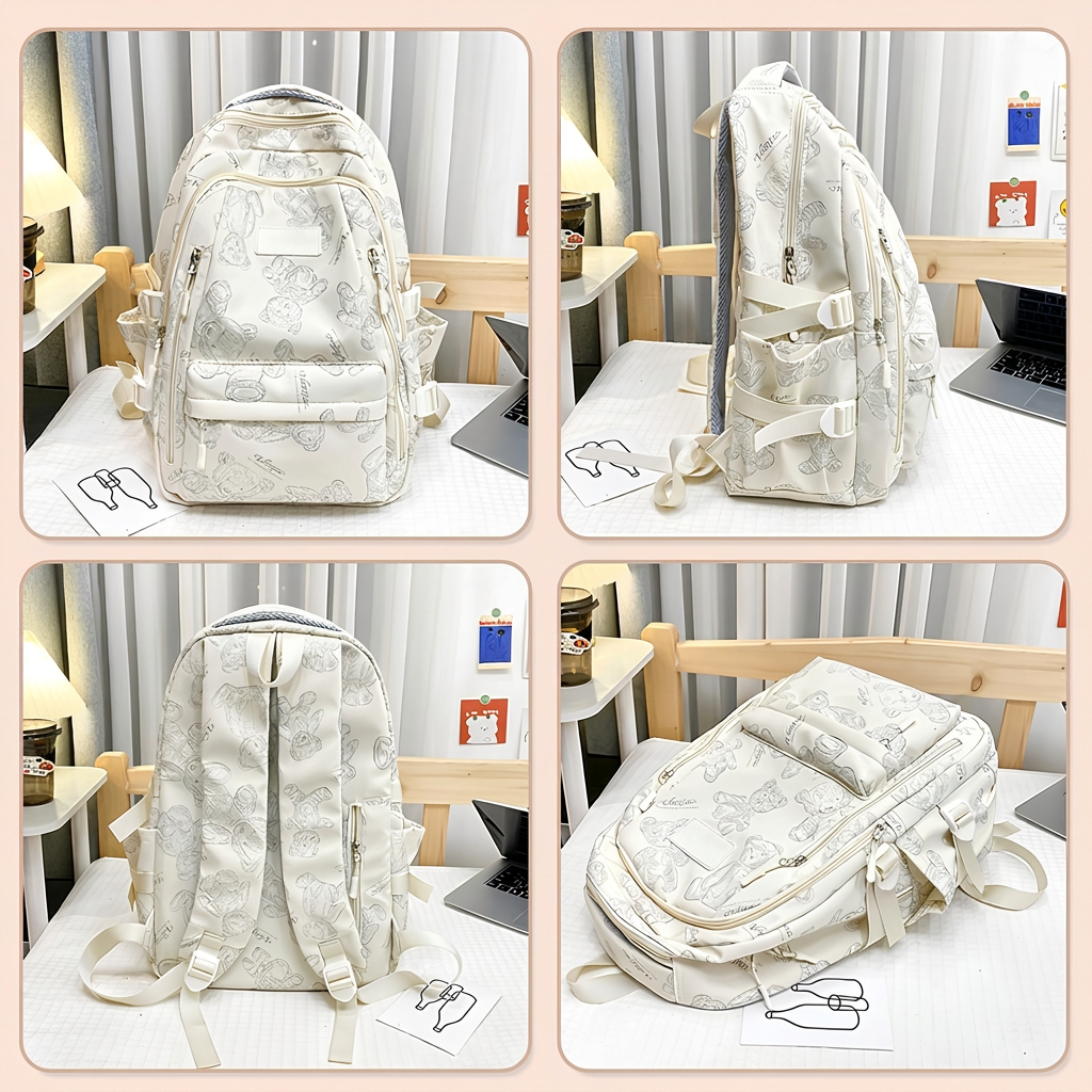 Teddy Bear Print Backpack – Cute Multi-Pocket School Bag
