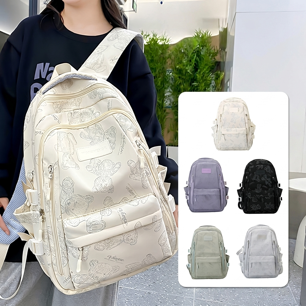 Teddy Bear Print Backpack – Cute Multi-Pocket School Bag