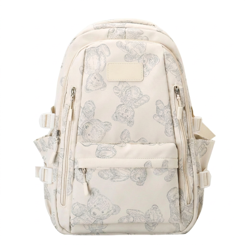 Teddy Bear Print Backpack – Cute Multi-Pocket School Bag