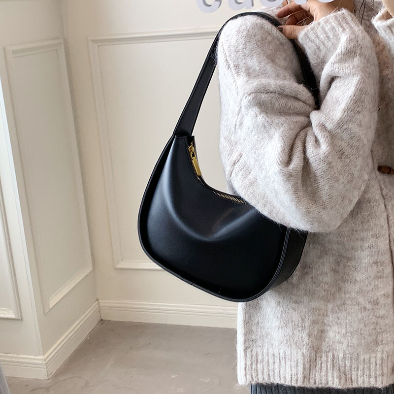 Vegan Leather Crescent Shoulder Bag – Minimalist Hobo Zipper Bag