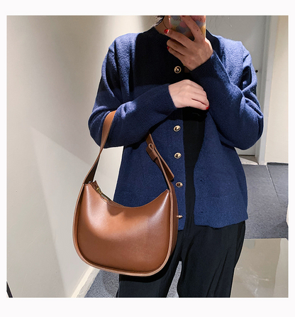 Vegan Leather Crescent Shoulder Bag – Minimalist Hobo Zipper Bag