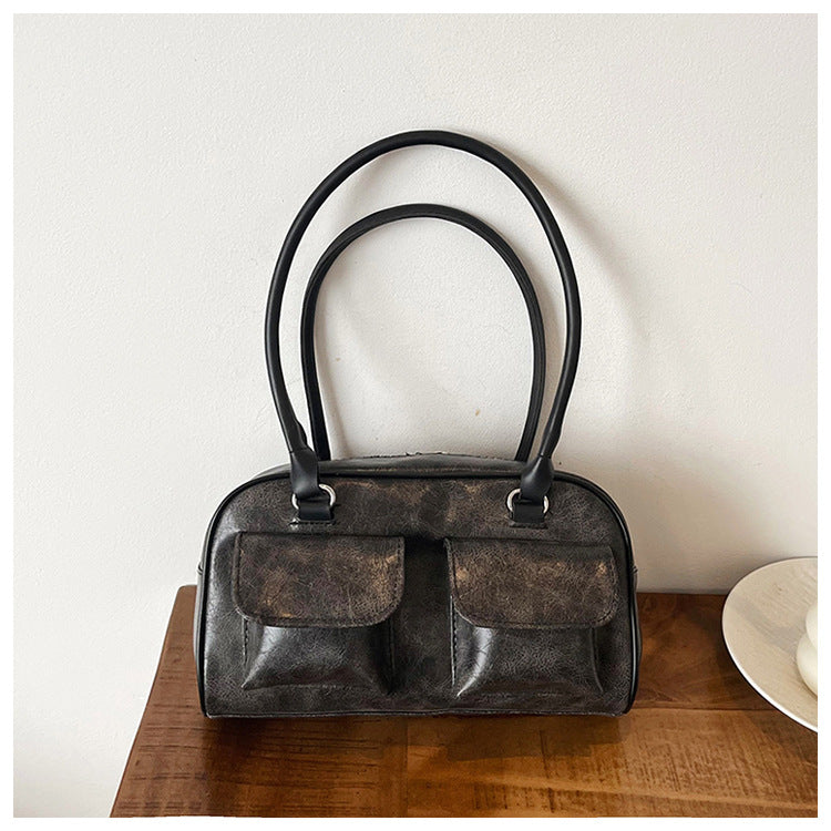 Distressed Vegan Leather Shoulder Bag – Vintage Zip Top Handbag Dual Pockets