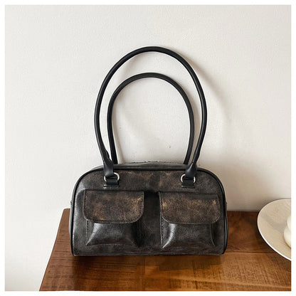 Distressed Vegan Leather Shoulder Bag – Vintage Zip Top Handbag Dual Pockets
