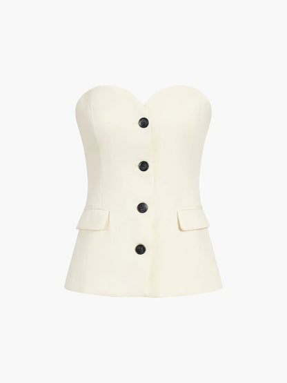 Strapless Corset Top Wide Leg Pants Set – Button-Front Tailored Two-Piece