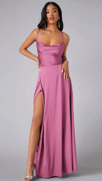 Satin Cowl Neck Maxi Dress – Lace-Up Back Formal Gown with Side Slit
