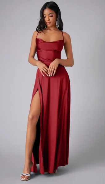Satin Cowl Neck Maxi Dress – Lace-Up Back Formal Gown with Side Slit