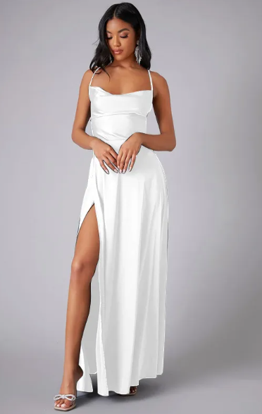 Satin Cowl Neck Maxi Dress – Lace-Up Back Formal Gown with Side Slit