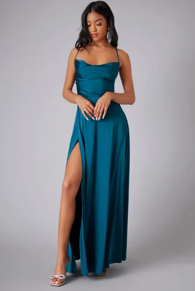 Satin Cowl Neck Maxi Dress – Lace-Up Back Formal Gown with Side Slit