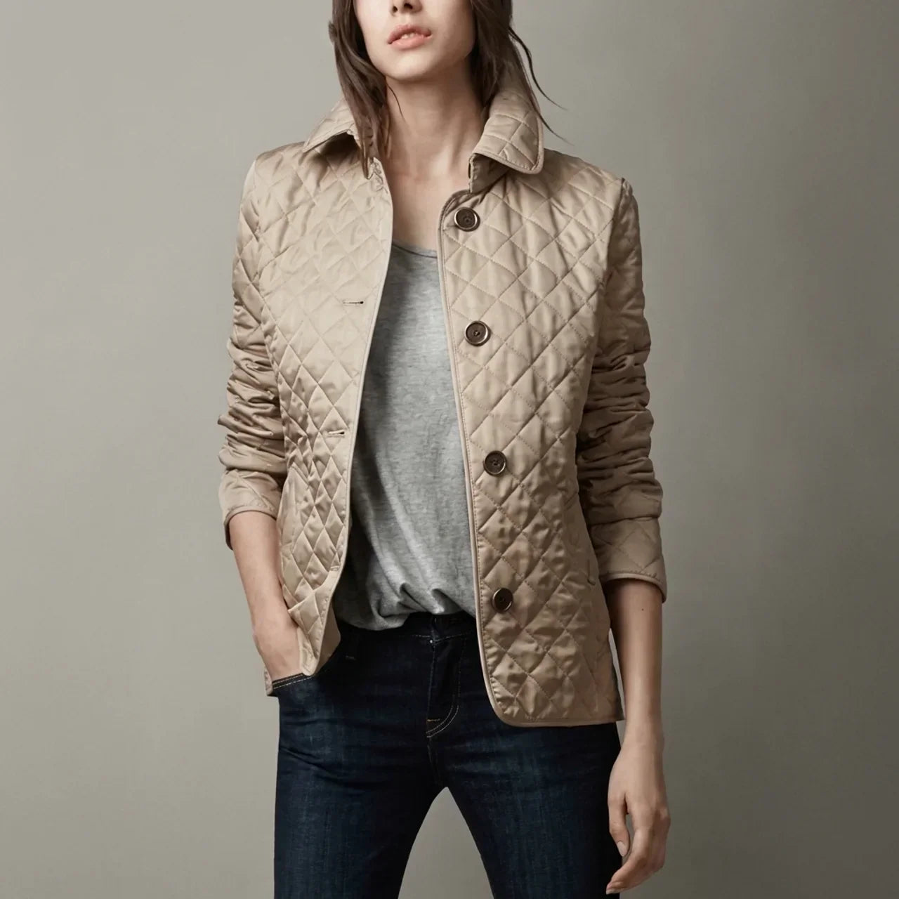 Diamond Quilted Jacket Women – Button-Front Stand Collar Insulated Jacket