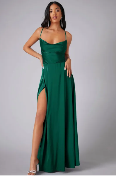 Satin Cowl Neck Maxi Dress – Lace-Up Back Formal Gown with Side Slit