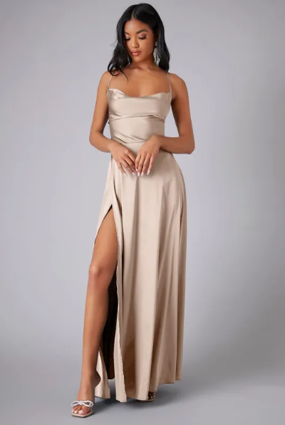 Satin Cowl Neck Maxi Dress – Lace-Up Back Formal Gown with Side Slit