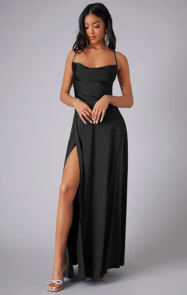 Satin Cowl Neck Maxi Dress – Lace-Up Back Formal Gown with Side Slit