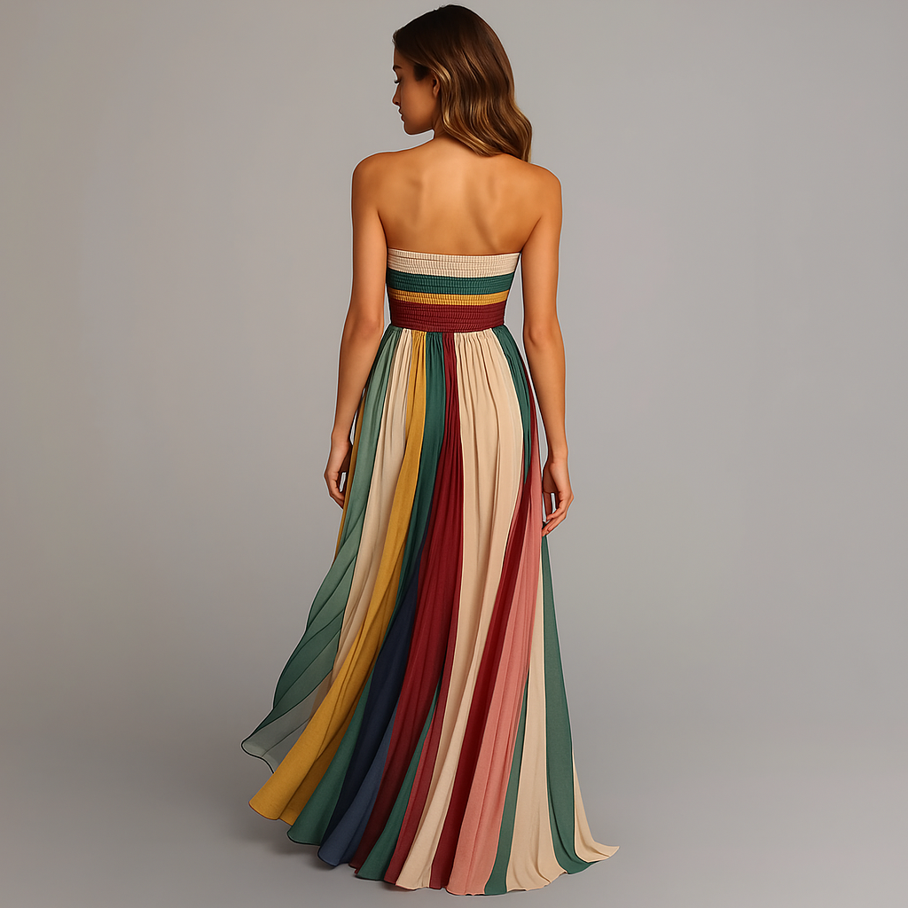 Strapless Pleated Maxi Dress – Multicolor Striped Flowy Summer Dress