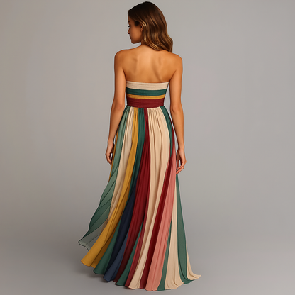 Strapless Pleated Maxi Dress – Multicolor Striped Flowy Summer Dress