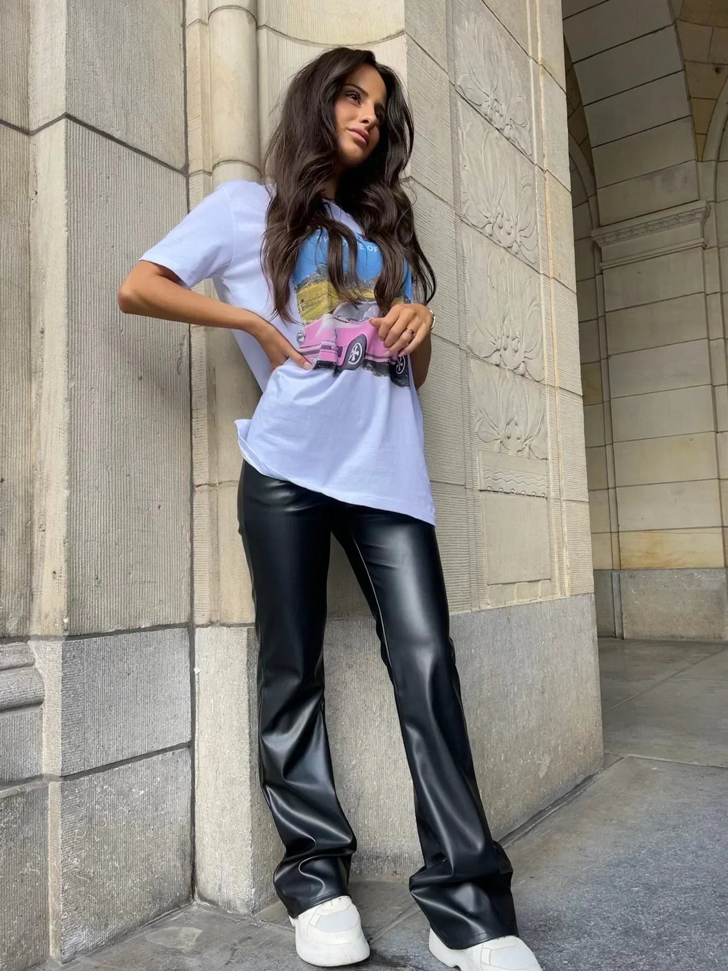 High-Waist Faux Leather Flared Trousers – Black Wide-Leg Pants