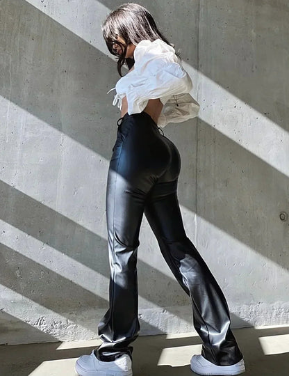 High-Waist Faux Leather Flared Trousers – Black Wide-Leg Pants