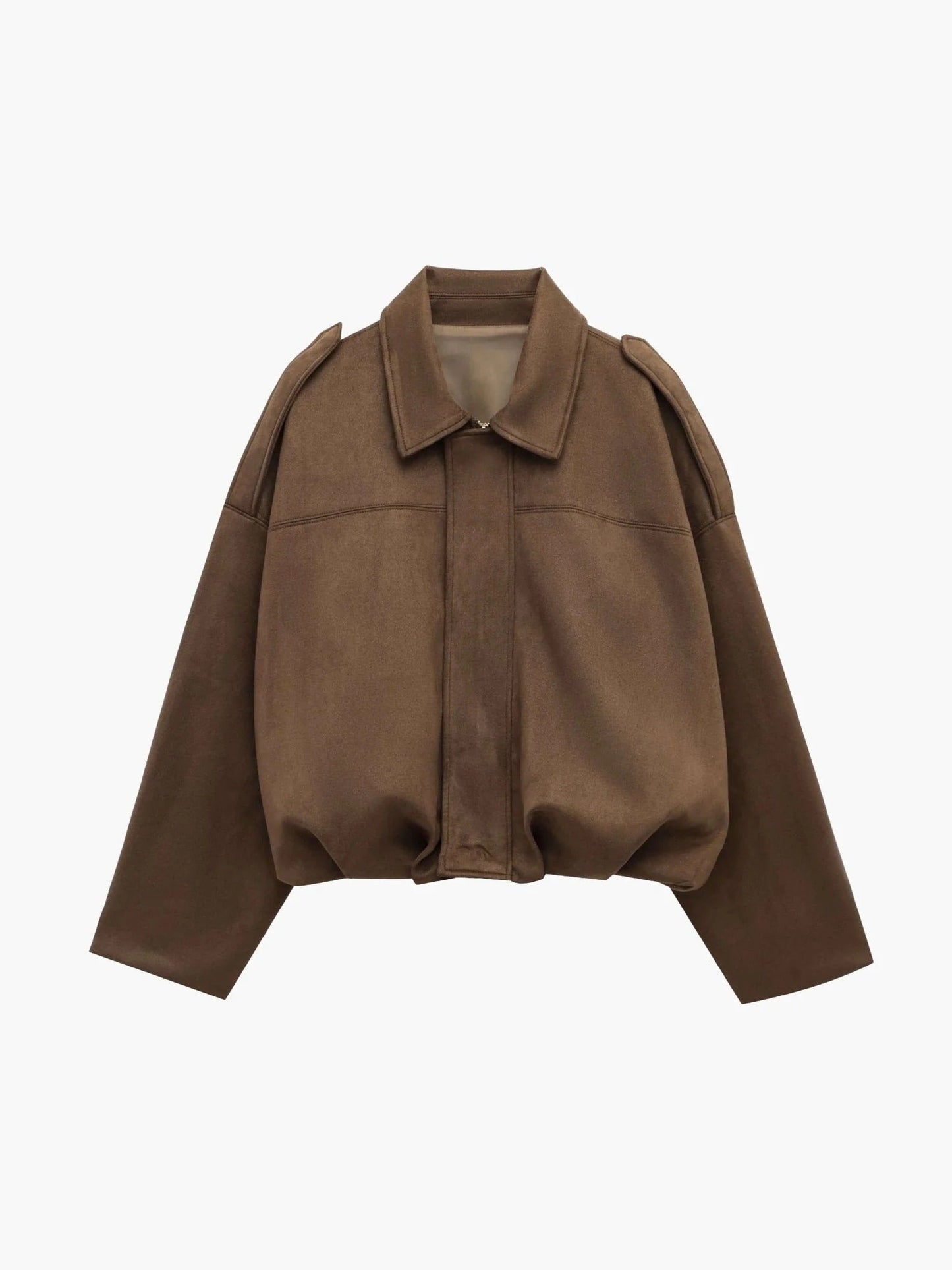 Faux Suede Bomber Jacket – Oversized Cropped Collared Outerwear