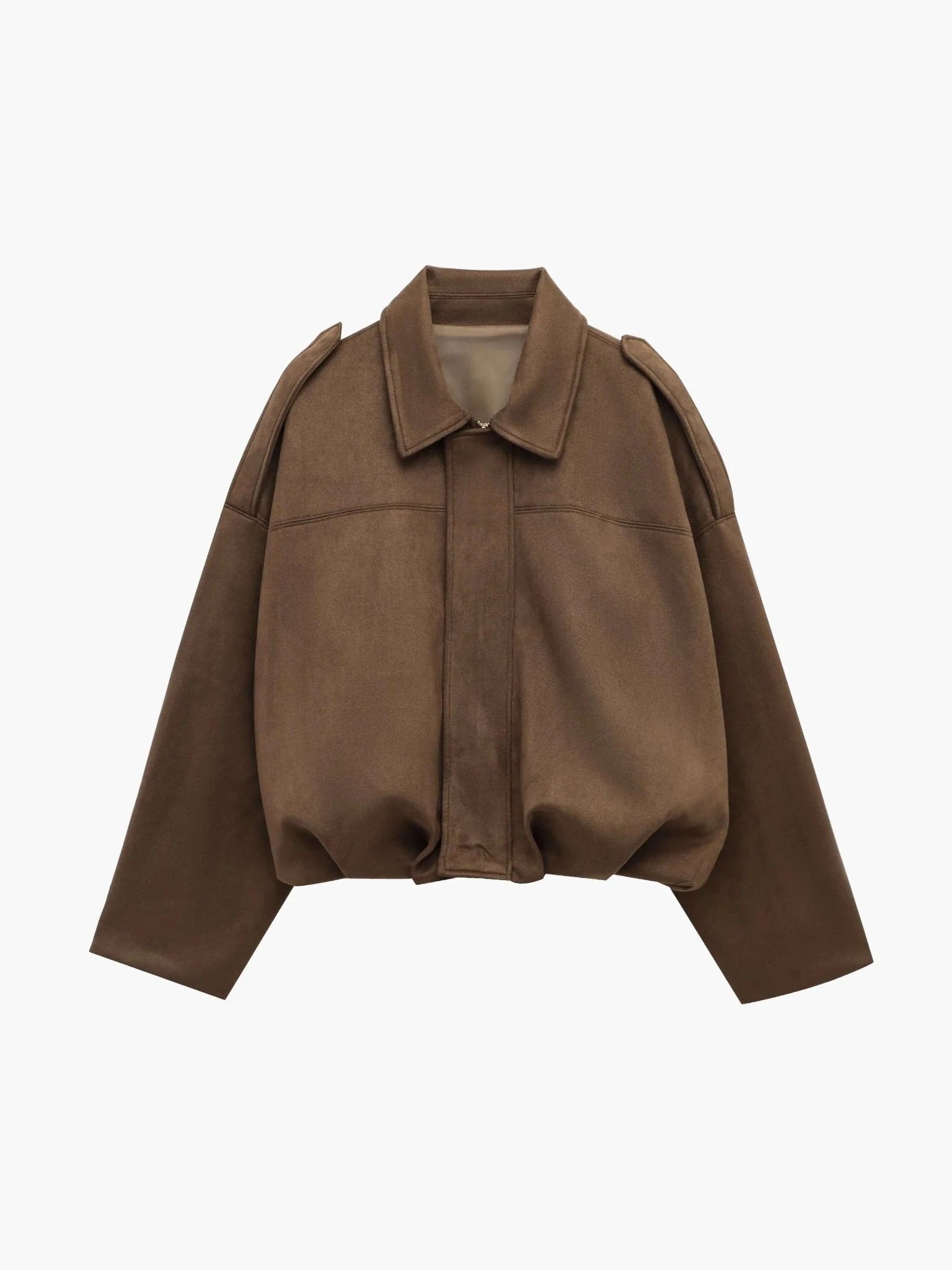 Faux Suede Bomber Jacket – Oversized Cropped Collared Outerwear