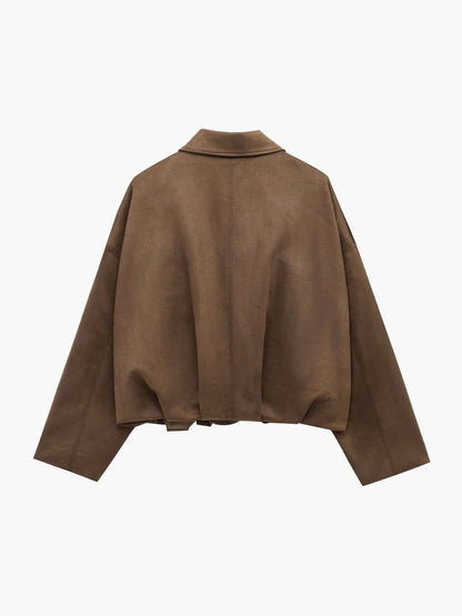 Faux Suede Bomber Jacket – Oversized Cropped Collared Outerwear